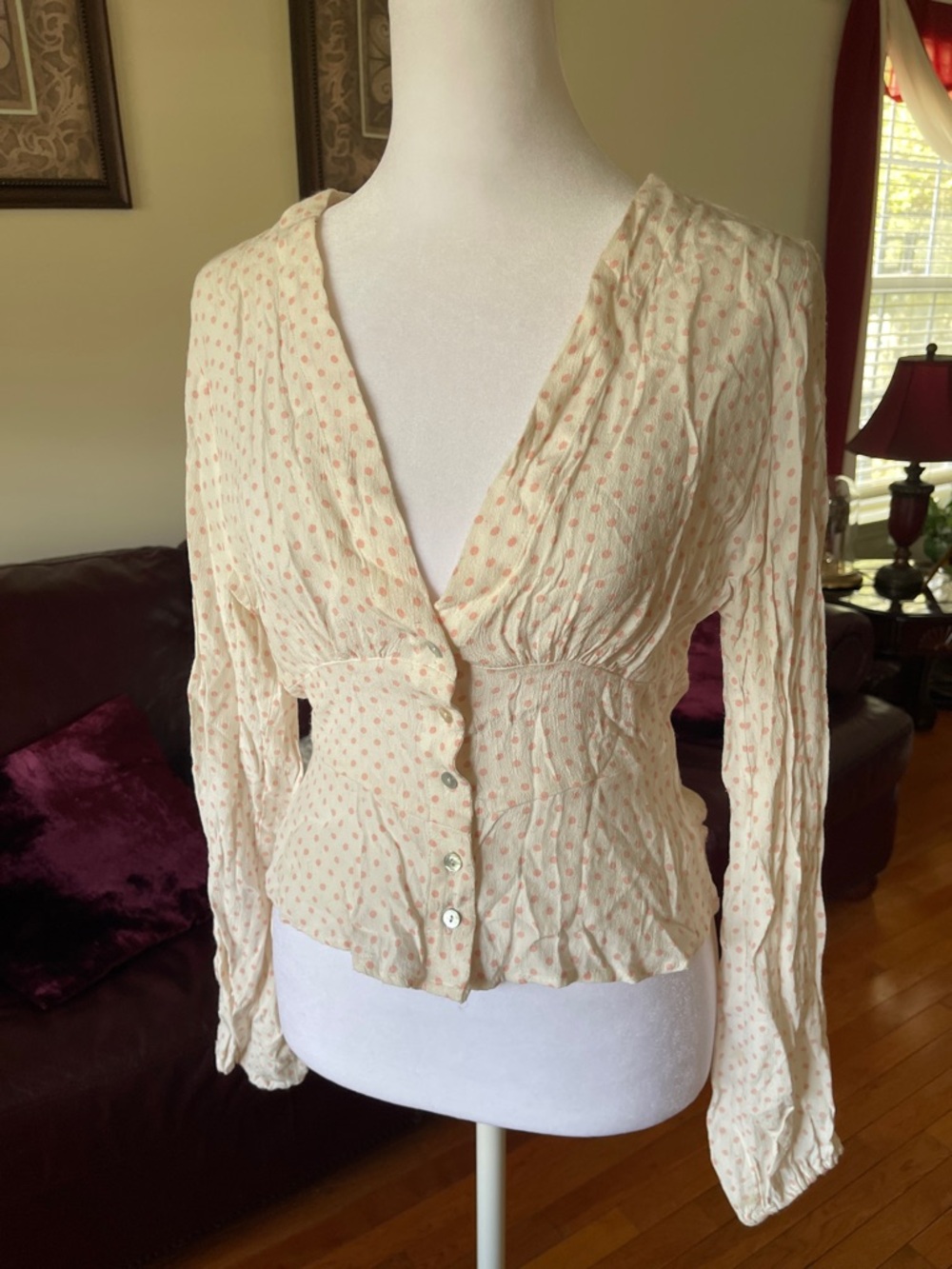 Free People Cream Pink Polka Dot Peplum Blouse XS Smocked Waist Cottagecore Top